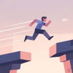自动生成图片: Abstract geometric composition showing a character avatar leaping between two high platforms, with motion lines indicating speed and distance, soft game-like color palette, clean minimal style, digital concept illustration high quality illustration, detailed, 16:9