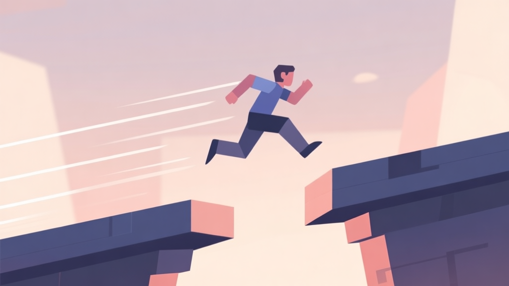 Abstract geometric composition showing a character avatar leaping between two high platforms, with motion lines indicating speed and distance, soft game-like color palette, clean minimal style, digital concept illustration high quality illustration, detailed, 16:9