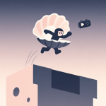 自动生成图片: A minimalist illustration of a video game character using a shell to perform an unusually high jump over a large obstacle, simple geometric shapes, soft gradient background, clean lines, digital art style high quality illustration, detailed, 16:9