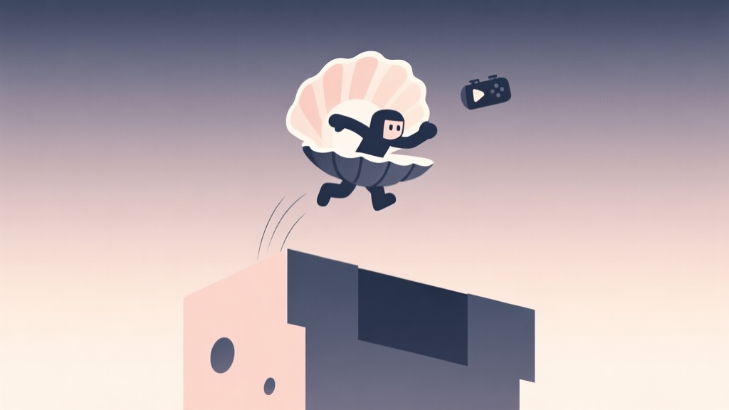 A minimalist illustration of a video game character using a shell to perform an unusually high jump over a large obstacle, simple geometric shapes, soft gradient background, clean lines, digital art style high quality illustration, detailed, 16:9
