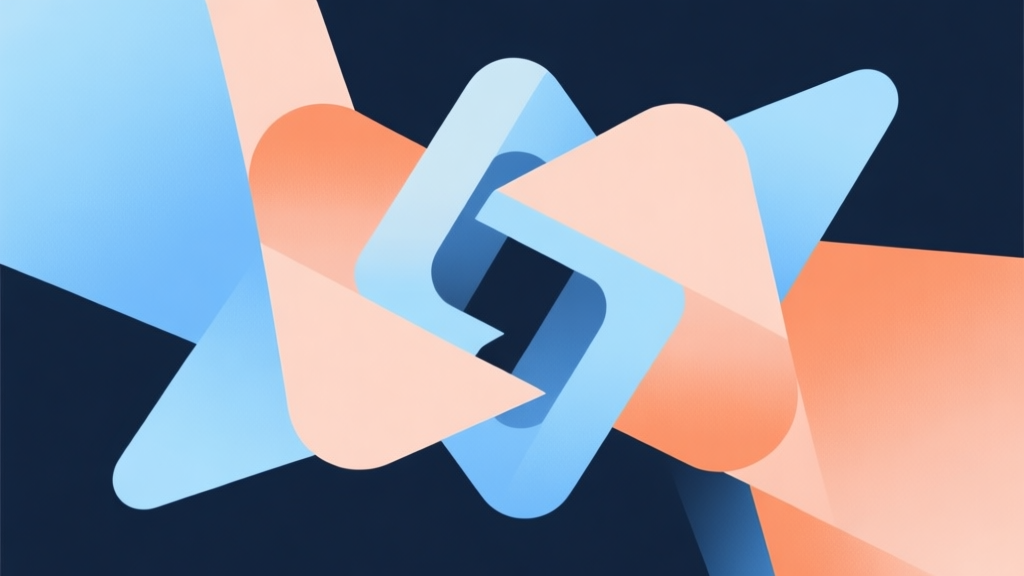 Abstract geometric composition with overlapping shapes representing synergy, soft blue and orange pastel colors, modern minimal style, professional gaming synergy concept illustration high quality illustration, detailed, 16:9