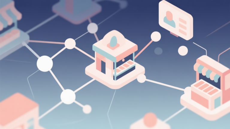 自动生成图片: Abstract network nodes connected by lines, soft color scheme, clean minimal illustration, modern digital concept of an in-game marketplace high quality illustration, detailed, 16:9