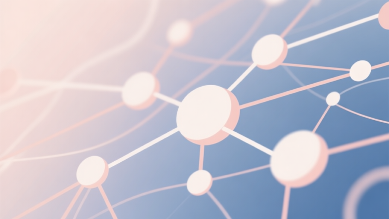 自动生成图片: Abstract network nodes connected by lines, soft color scheme, clean minimal illustration, modern digital concept of synergy and support high quality illustration, detailed, 16:9