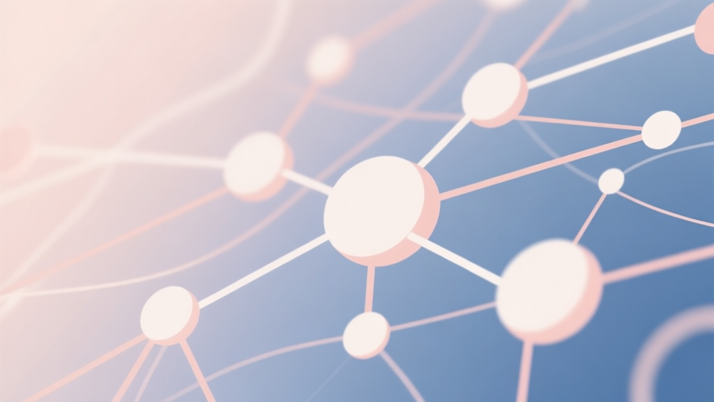 Abstract network nodes connected by lines, soft color scheme, clean minimal illustration, modern digital concept of synergy and support high quality illustration, detailed, 16:9