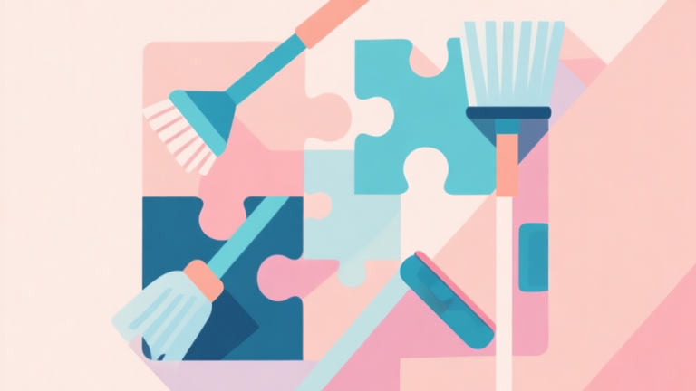 自动生成图片: Abstract geometric composition with overlapping shapes representing puzzle pieces and cleaning tools, soft pastel colors, modern minimal style, professional game concept illustration high quality illustration, detailed, 16:9