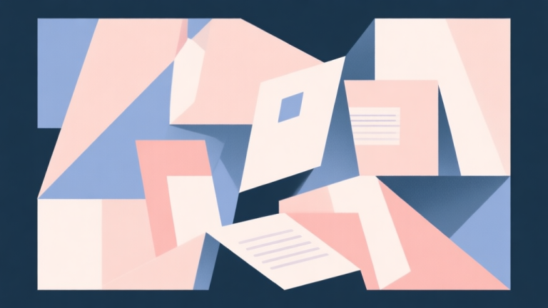 自动生成图片: Abstract geometric composition with overlapping shapes representing order and chaos, soft pastel colors, modern minimal style, professional concept illustration of finding meaning in mundane tasks high quality illustration, detailed, 16:9