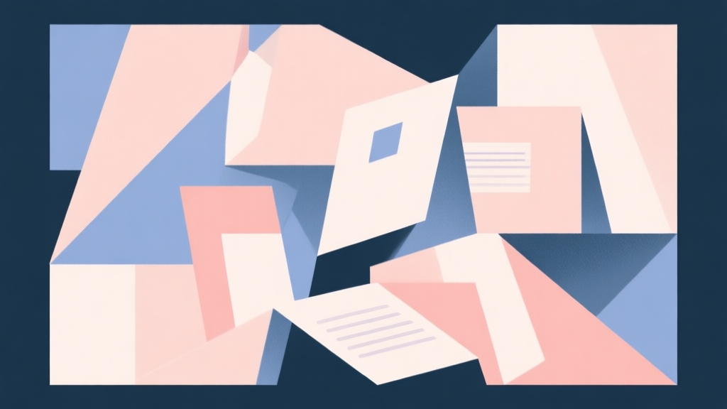 Abstract geometric composition with overlapping shapes representing order and chaos, soft pastel colors, modern minimal style, professional concept illustration of finding meaning in mundane tasks high quality illustration, detailed, 16:9
