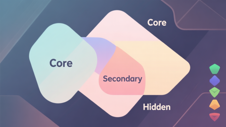自动生成图片: Abstract geometric composition with overlapping shapes labeled Core, Secondary, and Hidden stats, soft pastel colors, modern minimal style, professional game design concept illustration high quality illustration, detailed, 16:9
