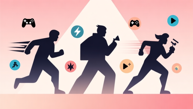 自动生成图片: A minimalist, abstract illustration of three distinct video game character silhouettes with different attributes like speed, power, and agility icons floating around them, on a soft gradient background, clean geometric shapes, flat design high quality illustration, detailed, 16:9