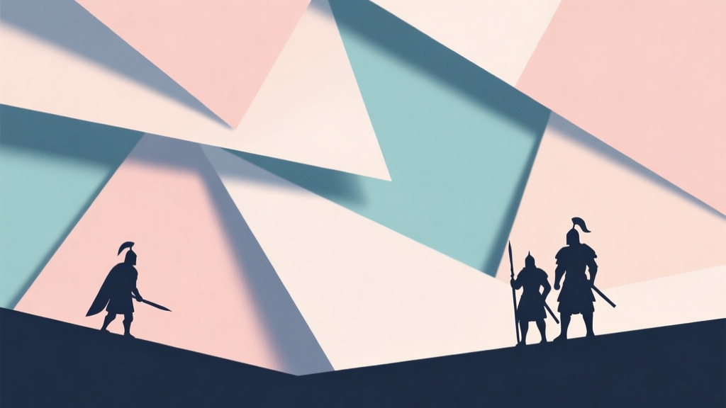 Abstract geometric composition with overlapping paper-like layers and miniature warrior silhouettes, soft pastel colors, modern minimal style, professional game concept illustration high quality illustration, detailed, 16:9