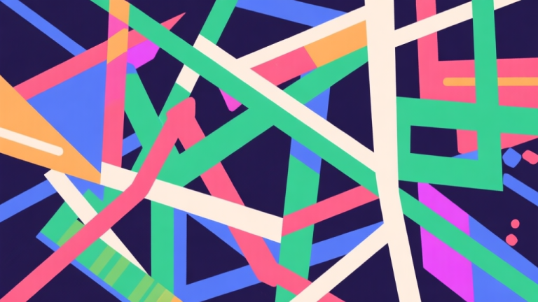自动生成图片: Abstract geometric composition with overlapping chaotic yet structured lines and shapes, vibrant game-like colors blending into order, modern minimal style, professional game design concept illustration high quality illustration, detailed, 16:9