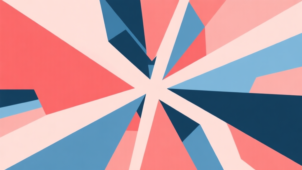 Abstract geometric composition with overlapping shapes representing conflict and strategy, soft red and blue pastel colors, modern minimal style, professional game concept illustration high quality illustration, detailed, 16:9