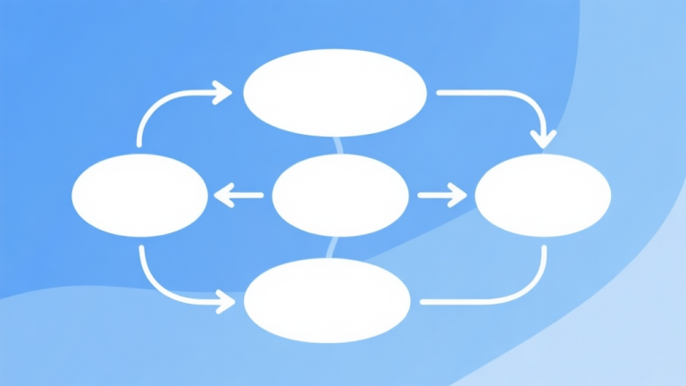 自动生成图片: Simple flowchart illustration with connected circles and arrows, light blue and white color scheme, clean minimal design, business presentation style high quality illustration, detailed, 16:9