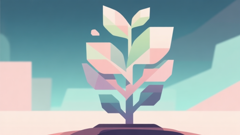 自动生成图片: Abstract geometric composition with overlapping shapes forming a growing plant-like structure, soft pastel colors, modern minimal style, professional game concept illustration high quality illustration, detailed, 16:9