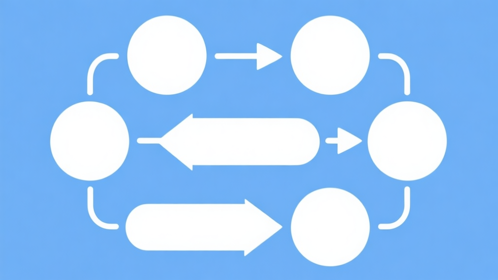 Simple flowchart illustration with connected circles and arrows, light blue and white color scheme, clean minimal design, business presentation style high quality illustration, detailed, 16:9