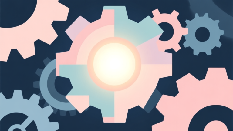 自动生成图片: Abstract geometric composition with a glowing core surrounded by disconnected and misaligned gears, soft pastel colors, modern minimal style, representing a misunderstood game mechanic high quality illustration, detailed, 16:9