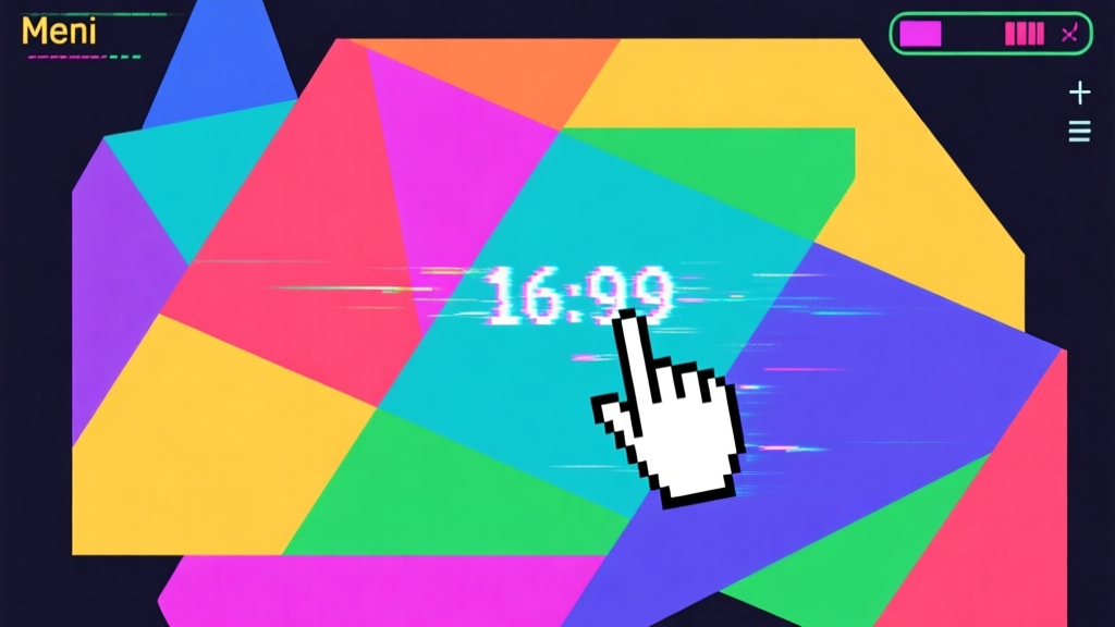 Abstract geometric composition with overlapping shapes in vibrant meme-style colors, a simple mouse cursor clicking on a rapidly increasing counter, digital glitch effect, minimalist game UI concept high quality illustration, detailed, 16:9