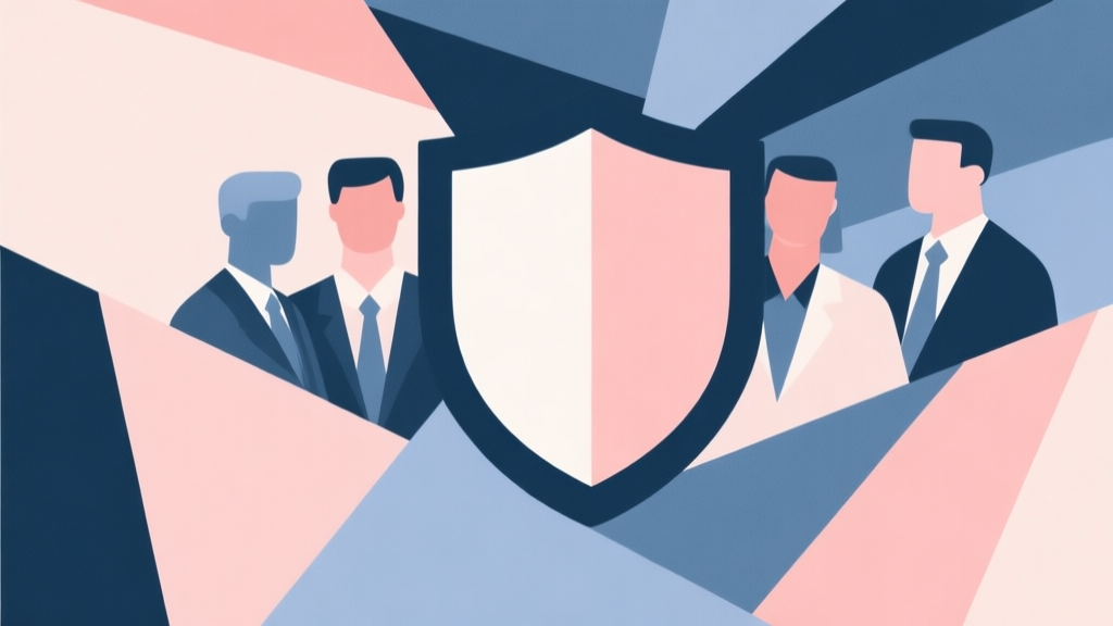 Abstract geometric composition with overlapping shapes representing a team, one central shield shape under pressure, soft pastel colors, modern minimal style, professional business concept illustration high quality illustration, detailed, 16:9