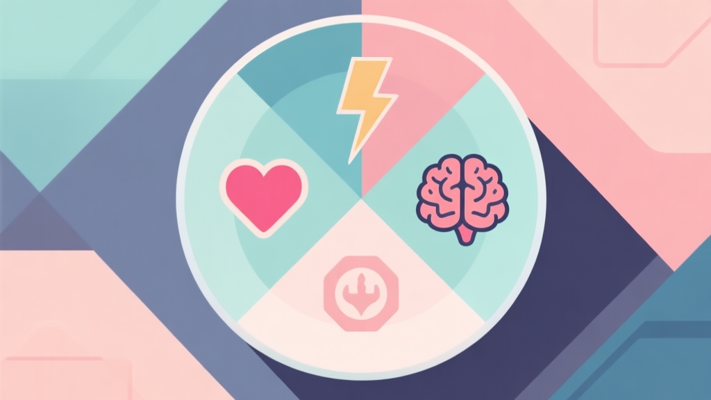 Abstract geometric composition showing a balanced plate divided into sections with game icons like a heart (health), lightning bolt (stamina), and brain (mana), soft pastel colors, modern minimal style, professional game concept illustration high quality illustration, detailed, 16:9