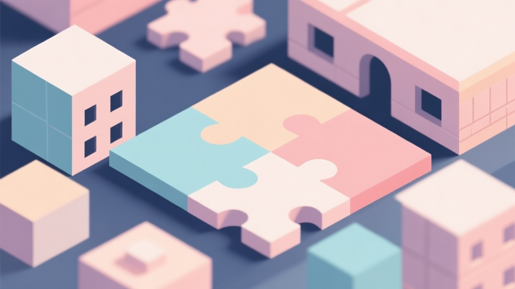 Abstract geometric composition with overlapping puzzle pieces and building blocks, soft pastel colors, modern minimal style, professional game design concept illustration high quality illustration, detailed, 16:9