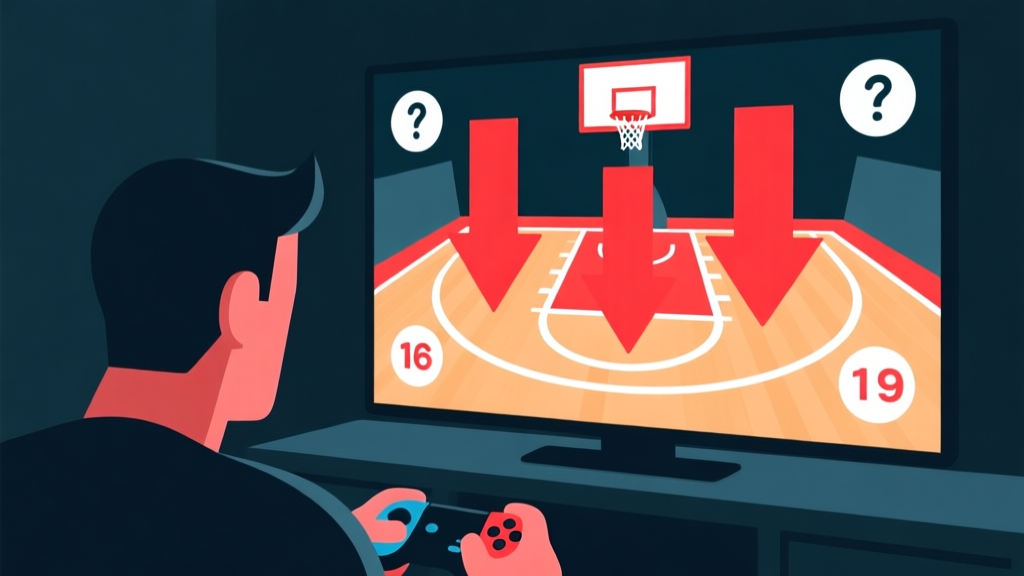 Abstract concept of a frustrated gamer looking at a basketball game simulation screen showing a loss, with red downward arrows and confused icons, minimalist style, soft dark background high quality illustration, detailed, 16:9