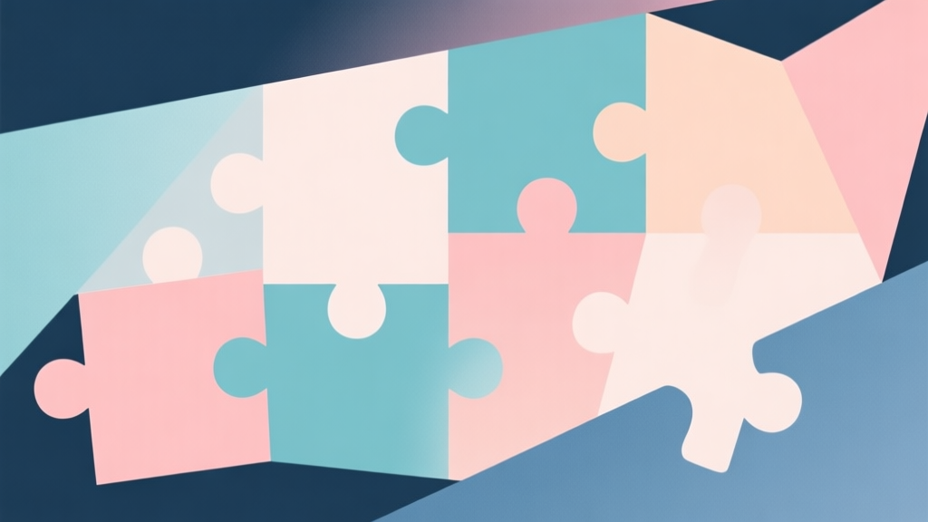 Abstract geometric composition with overlapping shapes representing different puzzle pieces, soft pastel colors, modern minimal style, professional comparison concept illustration high quality illustration, detailed, 16:9