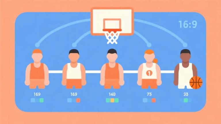 自动生成图片: Abstract basketball team lineup diagram with five connected player icons, showing different positions and stats, minimalist flat design with soft orange and blue colors, clean interface concept high quality illustration, detailed, 16:9