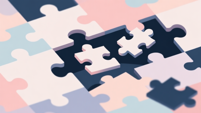 自动生成图片: Abstract geometric composition with overlapping puzzle pieces, some pieces misplaced and floating apart, soft pastel colors, modern minimal style, professional concept illustration of problem-solving high quality illustration, detailed, 16:9