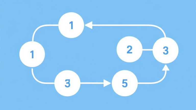 自动生成图片: Simple flowchart illustration with connected circles and arrows numbered 1 to 5, light blue and white color scheme, clean minimal design, business presentation style high quality illustration, detailed, 16:9