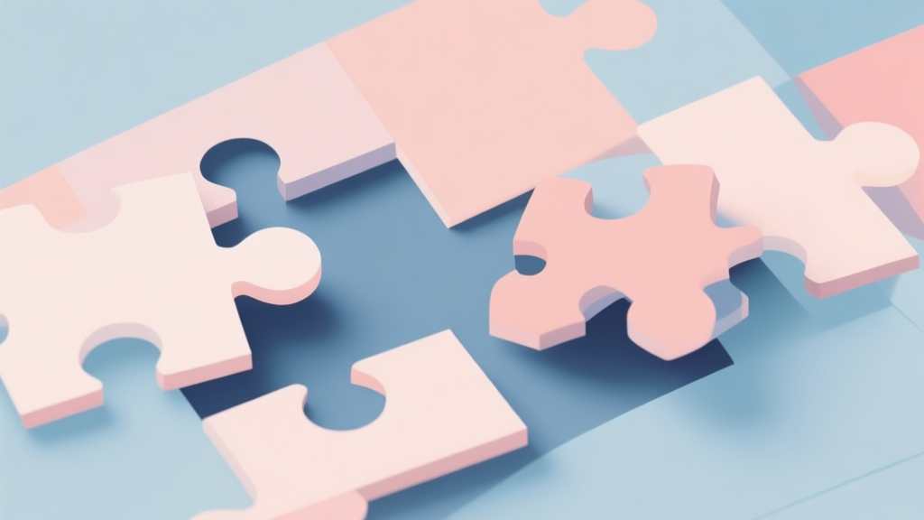 Abstract geometric composition with overlapping puzzle pieces fitting together, soft pastel colors, modern minimal style, professional solution concept illustration high quality illustration, detailed, 16:9