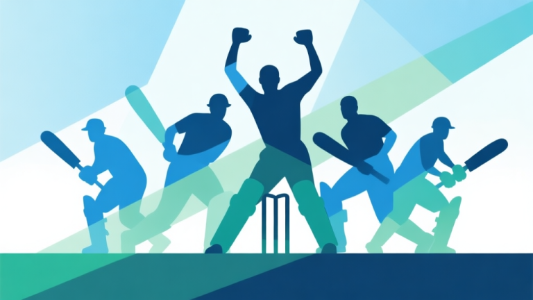自动生成图片: Abstract geometric composition with overlapping cricket players as silhouettes forming a winning team structure, soft blue and green color scheme, modern minimal style, professional strategy concept illustration high quality illustration, detailed, 16:9