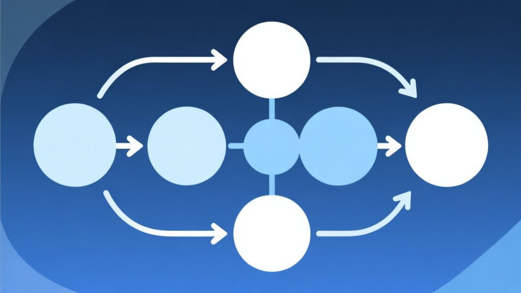 Simple flowchart illustration with connected circles and arrows, light blue and white color scheme, clean minimal design, business presentation style high quality illustration, detailed, 16:9