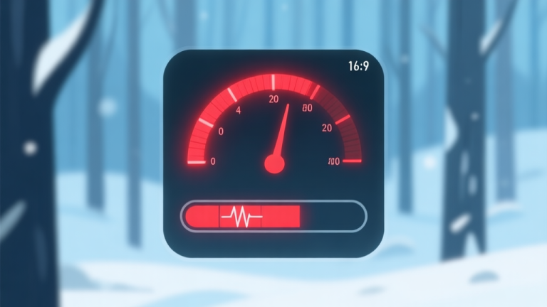 自动生成图片: A minimalist game HUD overlay showing a blinking red temperature gauge and a slowly depleting health bar, set against a blurred background of a snowy forest, clean lines, cool blue and red color scheme, digital illustration style high quality illustration, detailed, 16:9