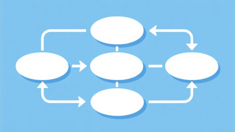 自动生成图片: Simple flowchart illustration with connected circles and arrows, light blue and white color scheme, clean minimal design, business presentation style high quality illustration, detailed, 16:9