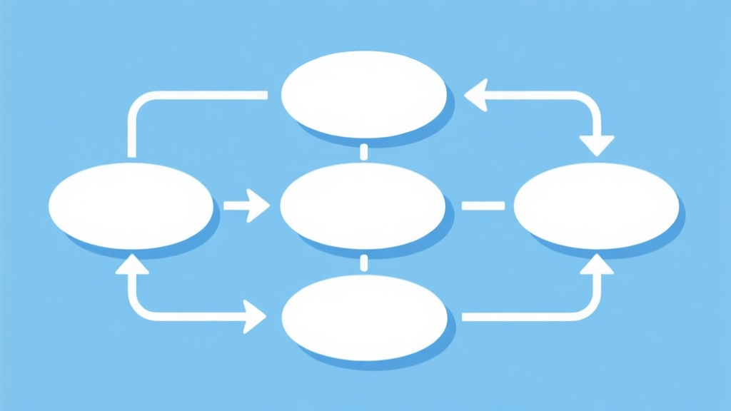 Simple flowchart illustration with connected circles and arrows, light blue and white color scheme, clean minimal design, business presentation style high quality illustration, detailed, 16:9