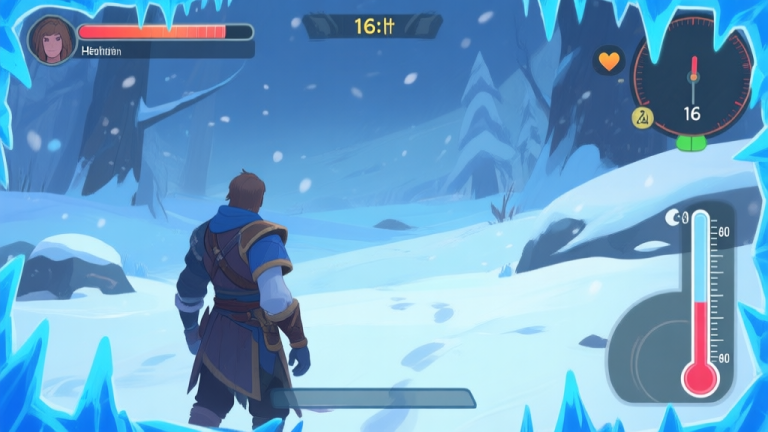 自动生成图片: A game screen showing a character in a snowy landscape with a blue frostbite effect on the edges, a depleting health bar, and a temperature gauge in the corner, digital art style, cool color palette high quality illustration, detailed, 16:9