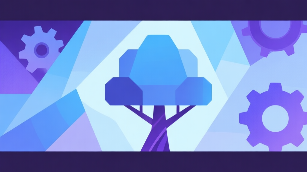Abstract geometric composition with overlapping shapes representing skill trees and gear, soft magical blues and purples, clean minimal style, professional game guide concept illustration high quality illustration, detailed, 16:9