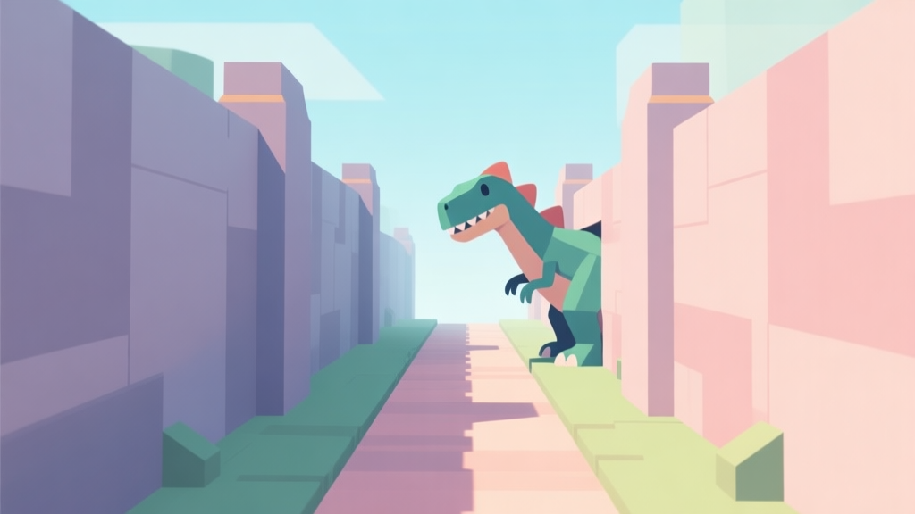 Abstract geometric composition showing a dinosaur character stuck between two large barriers, with a path leading upwards, soft pastel colors, clean minimal design, game concept illustration high quality illustration, detailed, 16:9