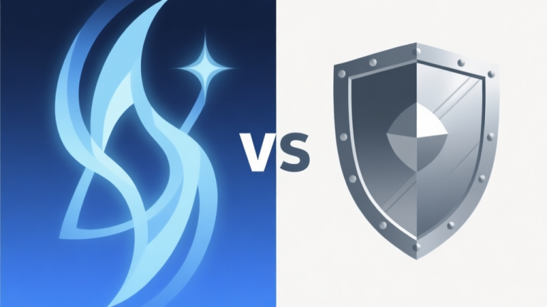 自动生成图片: Abstract geometric composition with two distinct halves, one side with flowing magical symbols and soft blues, the other with sturdy shield shapes and metallic grays, clean minimal design, professional comparison concept high quality illustration, detailed, 16:9