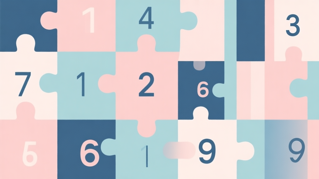 Abstract geometric composition with overlapping grid and numbers, soft pastel colors, modern minimal style, professional puzzle concept illustration high quality illustration, detailed, 16:9