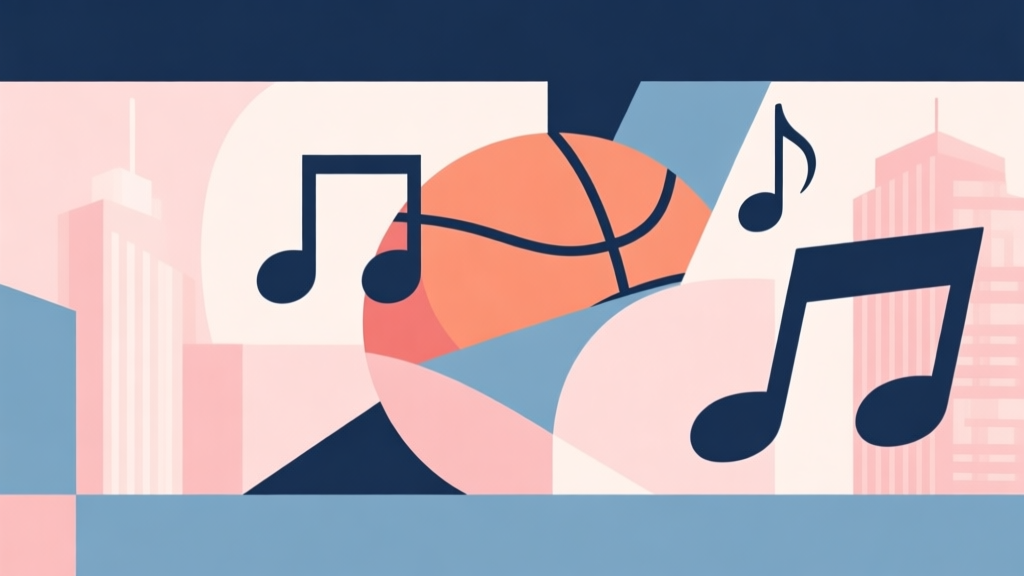 Abstract geometric composition with overlapping shapes representing basketball, music notes, and urban style, soft pastel colors, modern minimal style, professional game concept illustration high quality illustration, detailed, 16:9