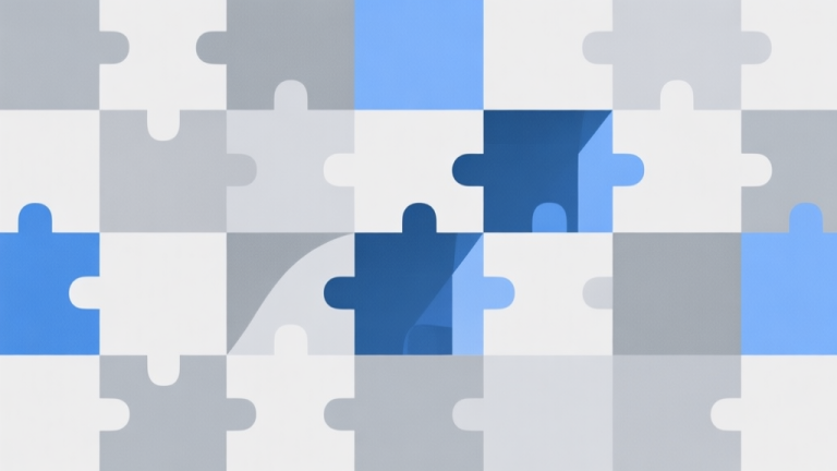 自动生成图片: Abstract geometric composition with overlapping shapes in soft grey and blue, representing a complex puzzle grid with some areas filled and others uncertain, clean minimal style, professional concept illustration high quality illustration, detailed, 16:9