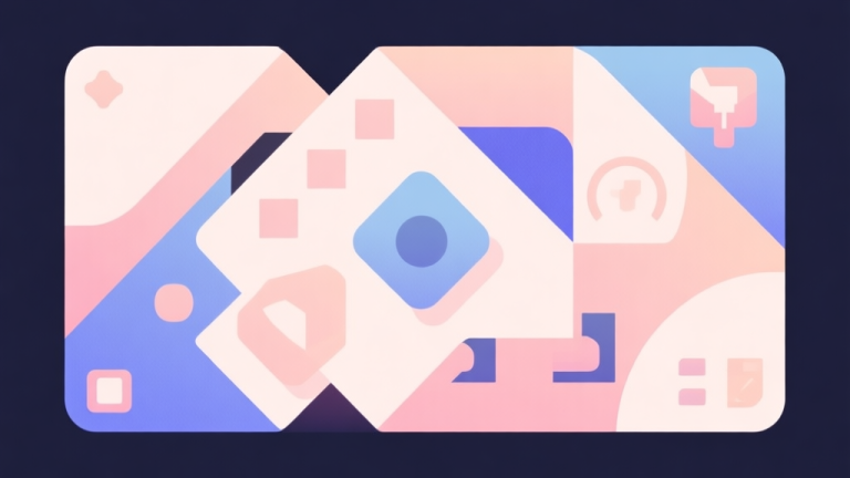 自动生成图片: Abstract geometric composition with overlapping shapes representing game mechanics, soft pastel colors, modern minimal style, professional game design concept illustration high quality illustration, detailed, 16:9