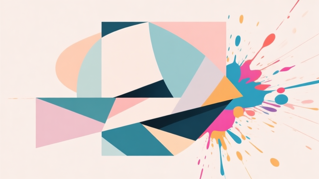 Abstract geometric composition with overlapping shapes representing calm and chaos, soft pastel colors blending with vibrant splashes, modern minimal style, conceptual illustration of contradictory harmony high quality illustration, detailed, 16:9