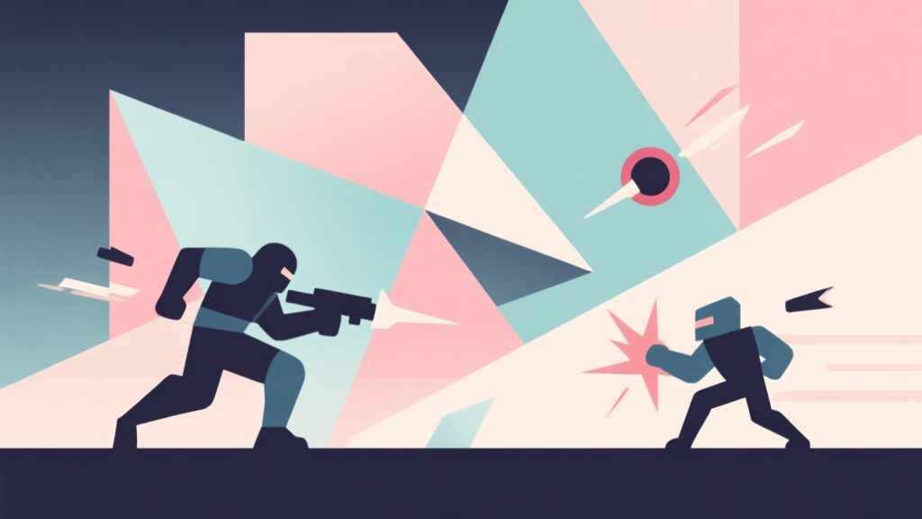 Abstract geometric composition with overlapping shapes representing a rolling enemy and player attacks, soft pastel colors, modern minimal style, professional gaming concept illustration high quality illustration, detailed, 16:9