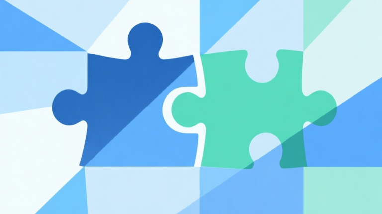 自动生成图片: Abstract geometric composition with overlapping shapes in soft blues and greens, representing puzzle pieces coming together, clean minimal style, solution concept illustration high quality illustration, detailed, 16:9