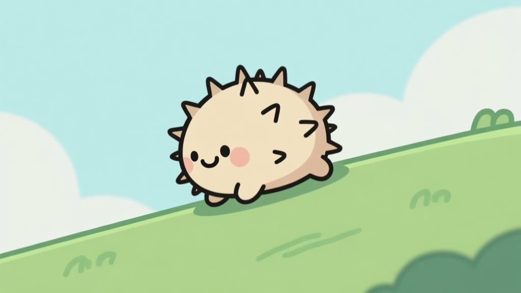 A cute, round, spiky creature rolling down a simple green hill in a video game style, minimalist design with soft colors, clean lines, and a friendly yet mischievous expression high quality illustration, detailed, 16:9