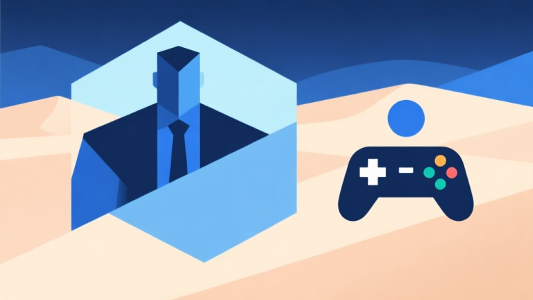 自动生成图片: Abstract geometric composition with overlapping shapes representing a boss and player, soft sandy and blue color scheme, modern minimal style, professional game strategy concept illustration high quality illustration, detailed, 16:9