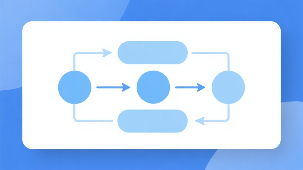 Simple flowchart illustration with connected circles and arrows, light blue and white color scheme, clean minimal design, business presentation style high quality illustration, detailed, 16:9