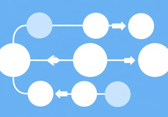 自动生成图片: Simple flowchart illustration with connected circles and arrows, light blue and white color scheme, clean minimal design, business presentation style high quality illustration, detailed, 16:9